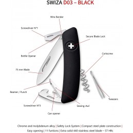 Swiza Couteau suisse Swiza H03R noir - 11 fonctions ZSH03RN Couteau suisse